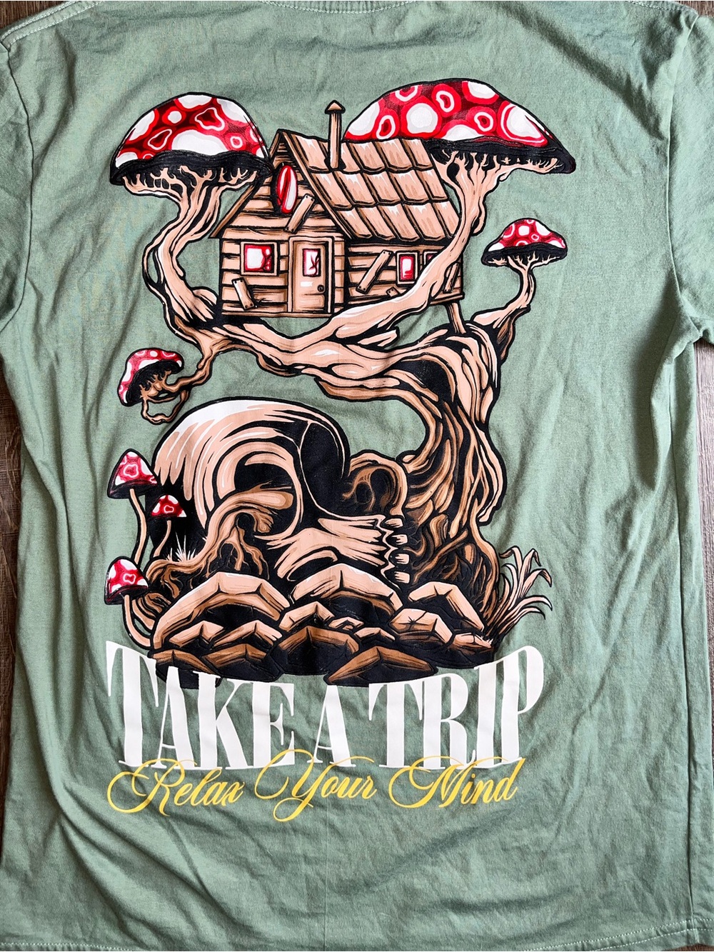 RGSTR shirt large Mushroom tree house “Take a trip relax your mind” psychedelic